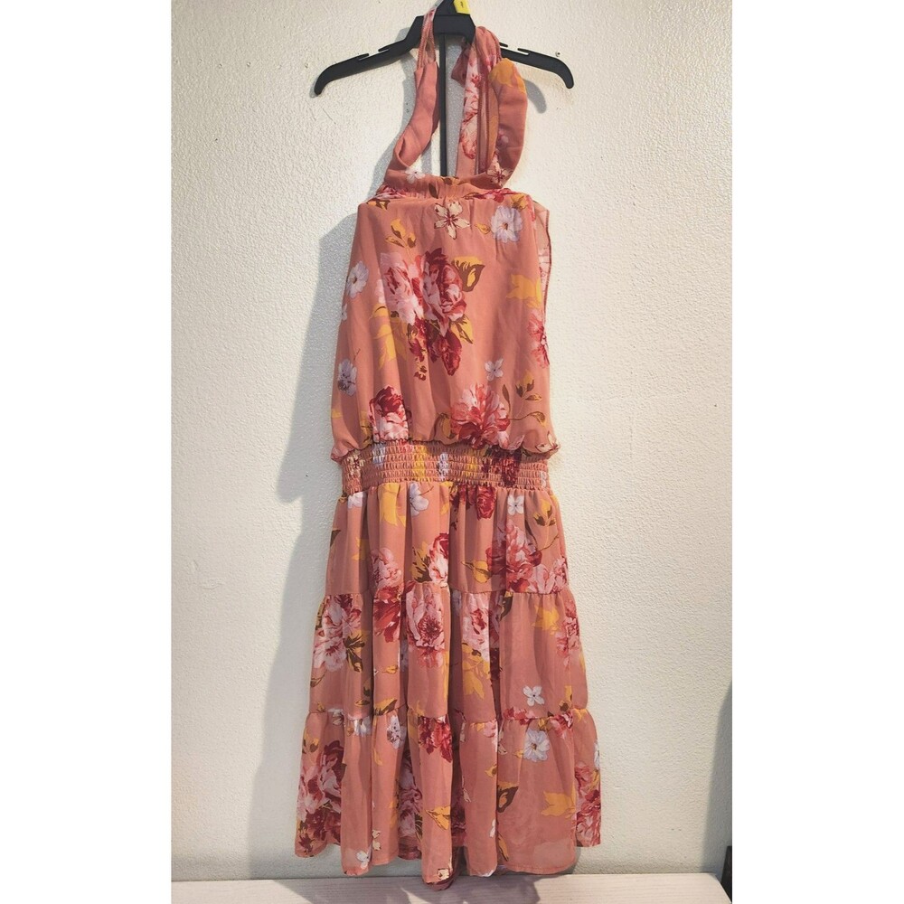 Emerald Sundae Floral Pink Open Back Tiered Halter Dress  Size M